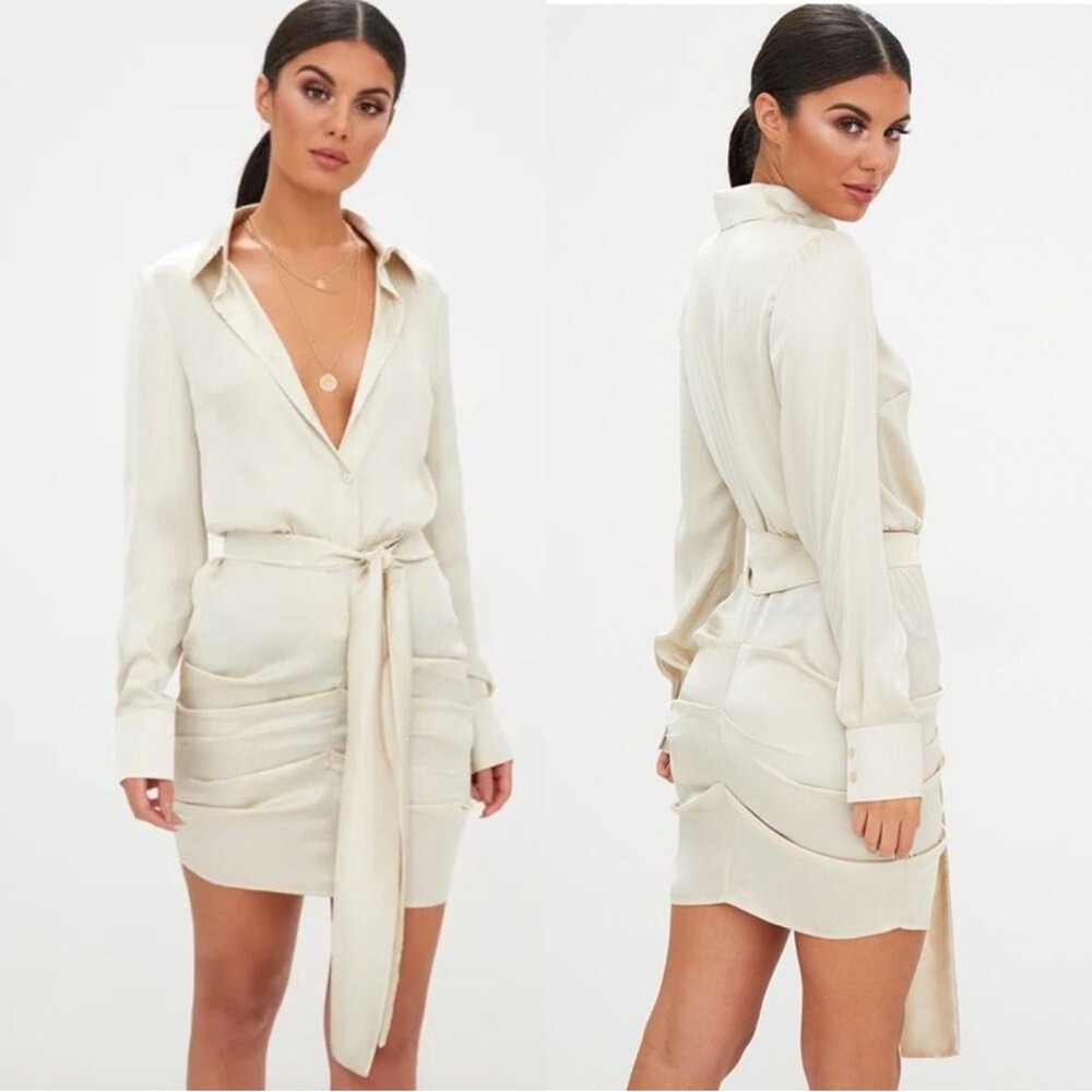 PrettyLittleThing Cream Long Sleeve Dress